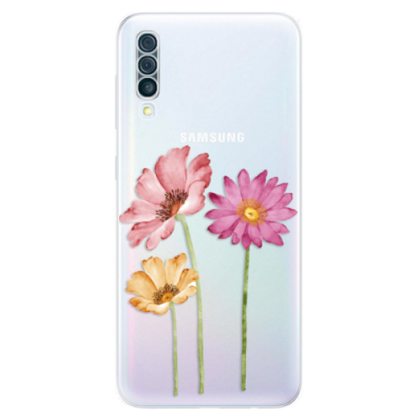 Silikonové odolné pouzdro iSaprio - Three Flowers na mobil Samsung Galaxy A50 (Silikonový kryt, obal, pouzdro iSaprio - Three Flowers na mobilní telefon Samsung Galaxy A50)