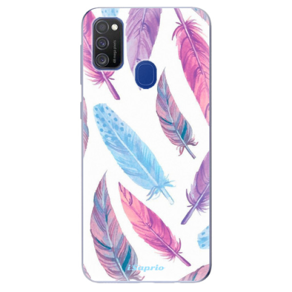 Odolné silikonové pouzdro iSaprio - Feather Pattern 10 na mobil Samsung Galaxy M21 (Silikonový odolný kryt, obal, pouzdro iSaprio - Feather Pattern 10 na mobilní telefon Samsung Galaxy M21)