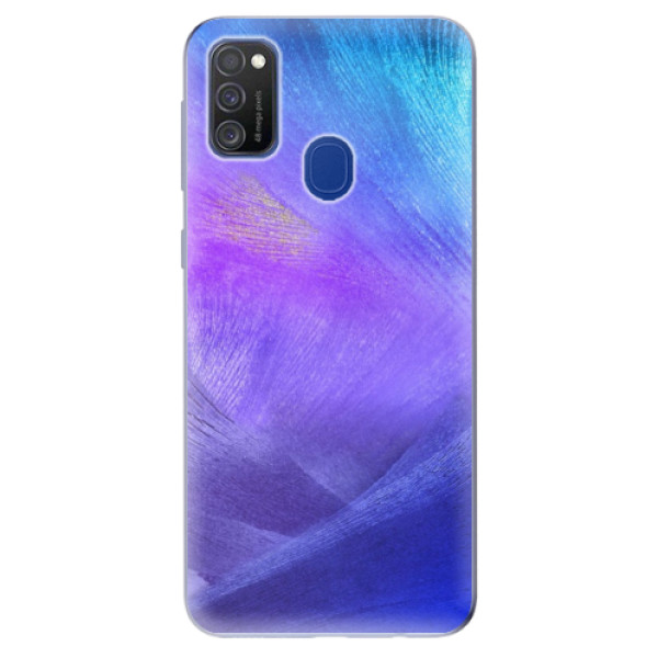 Odolné silikonové pouzdro iSaprio - Purple Feathers na mobil Samsung Galaxy M21 (Silikonový odolný kryt, obal, pouzdro iSaprio - Purple Feathers na mobilní telefon Samsung Galaxy M21)
