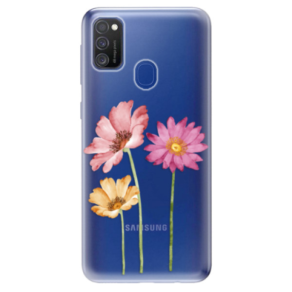 Odolné silikonové pouzdro iSaprio - Three Flowers na mobil Samsung Galaxy M21 (Silikonový odolný kryt, obal, pouzdro iSaprio - Three Flowers na mobilní telefon Samsung Galaxy M21)