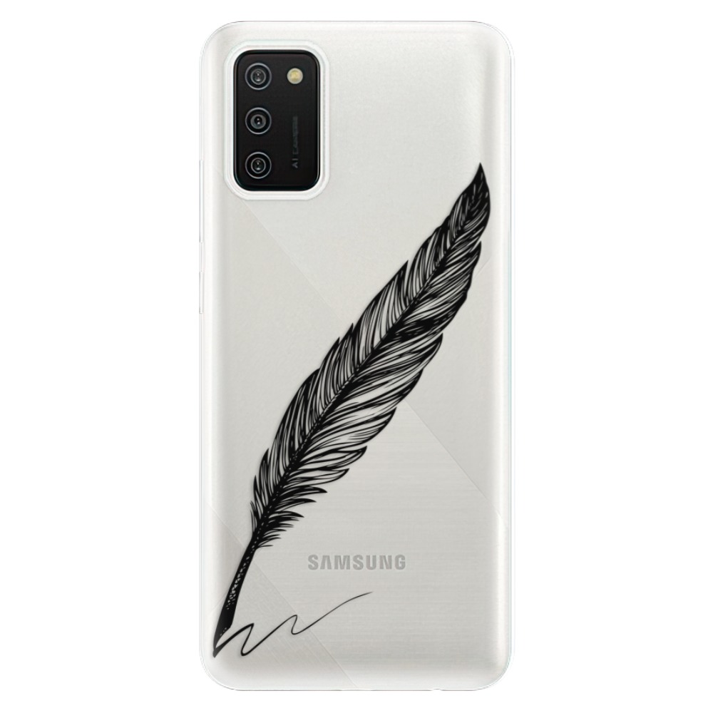 Odolné silikonové pouzdro iSaprio - Writing By Feather - black na mobil Samsung Galaxy A02s (Odolný silikonový kryt, obal, pouzdro iSaprio - Writing By Feather - black na mobilní telefon Samsung Galaxy A02s)