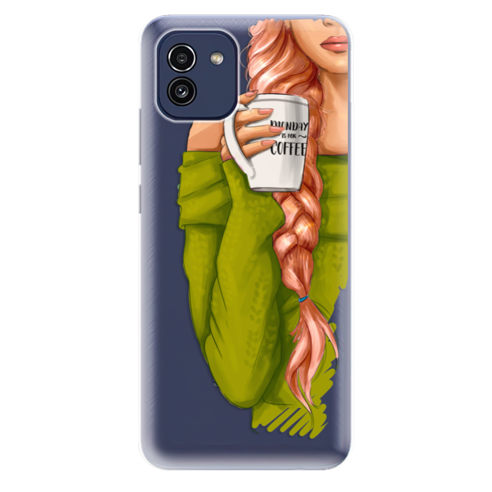 Odolné silikonové pouzdro iSaprio - My Coffe and Redhead Girl - Samsung Galaxy A03