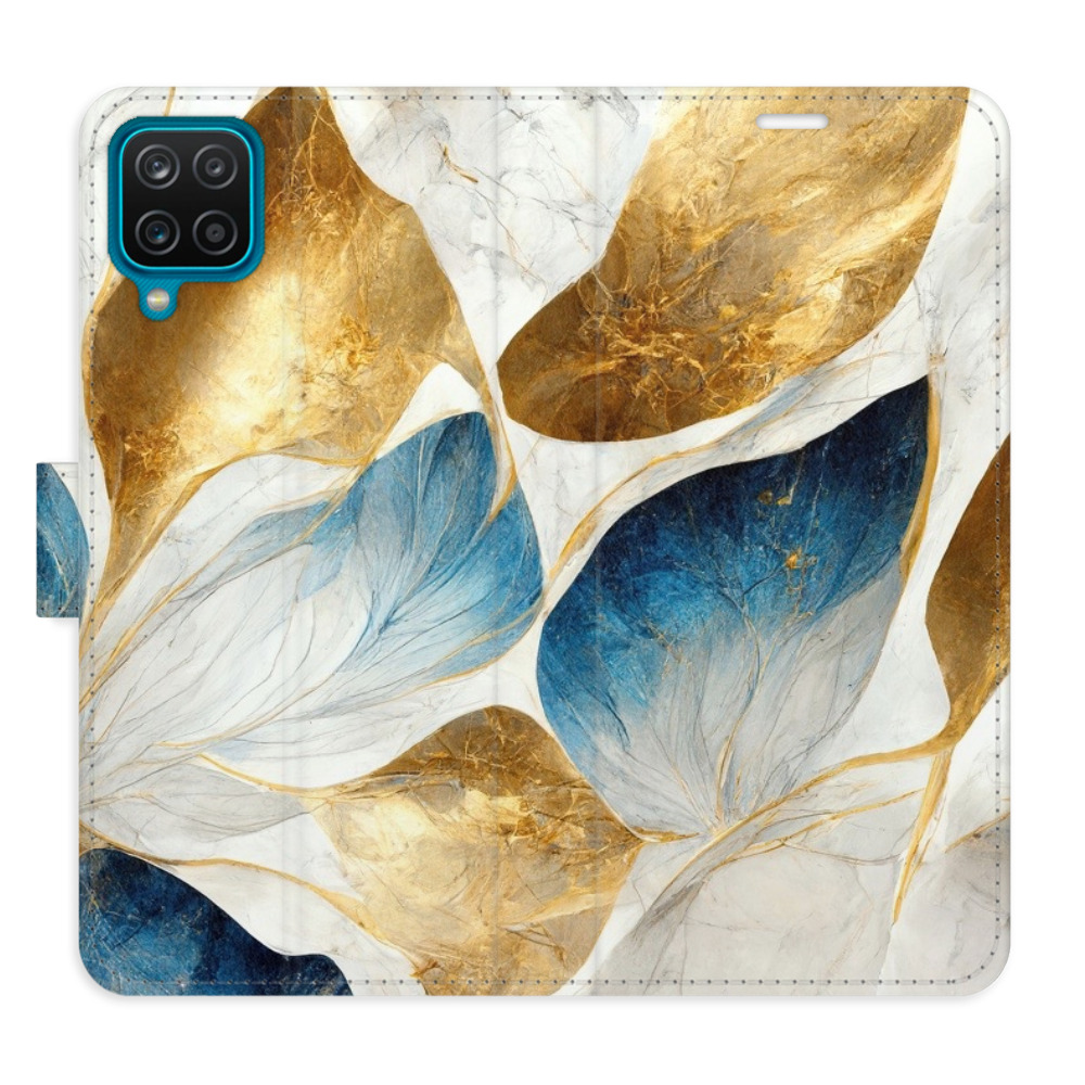 Flipové pouzdro iSaprio - GoldBlue Leaves - Samsung Galaxy A12