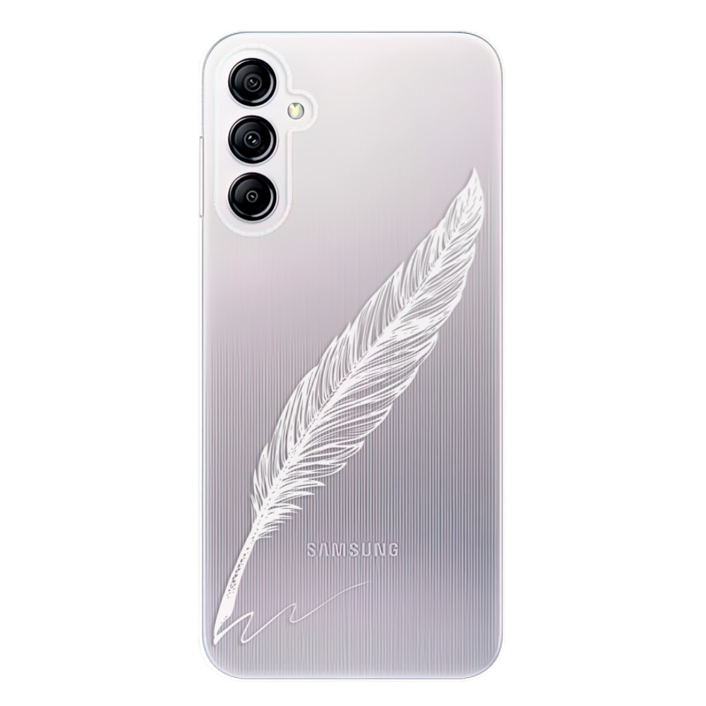 Silikonové odolné pouzdro iSaprio Writing By Feather - white na mobil Samsung Galaxy A14 / A14 5G (Odolný silikonový kryt, obal, pouzdro iSaprio Writing By Feather - white na mobilní telefon Samsung Galaxy A14 / A14 5G)