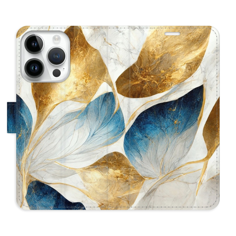 Flipové pouzdro iSaprio - GoldBlue Leaves - iPhone 15 Pro