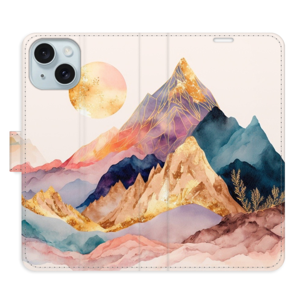 Knížkové flip pouzdro iSaprio s kapsičkami na karty - Beautiful Mountains - Apple iPhone 15 (Flip knížkové pouzdro, kryt, obal iSaprio s kapsičkami na karty a motivem Beautiful Mountains na mobil Apple iPhone 15)