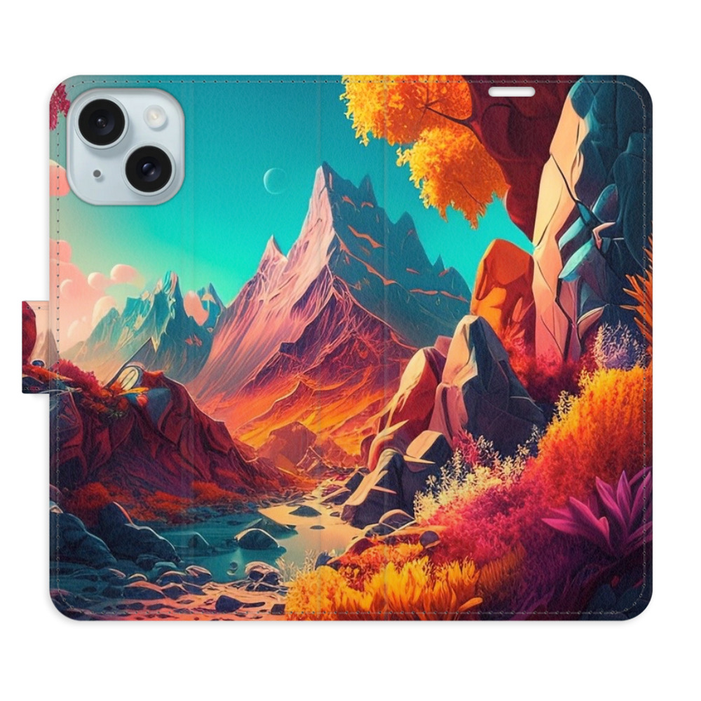 Knížkové flip pouzdro iSaprio s kapsičkami na karty - Colorful Mountains - Apple iPhone 15 (Flip knížkové pouzdro, kryt, obal iSaprio s kapsičkami na karty a motivem Colorful Mountains na mobil Apple iPhone 15)