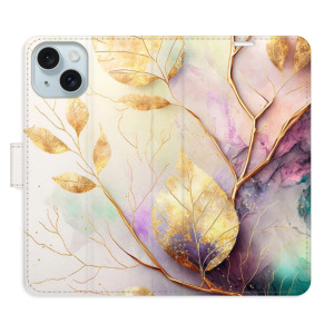 Flip pouzdro iSaprio - Apple iPhone 15 - Gold Leaves 02 - kapsičky na karty