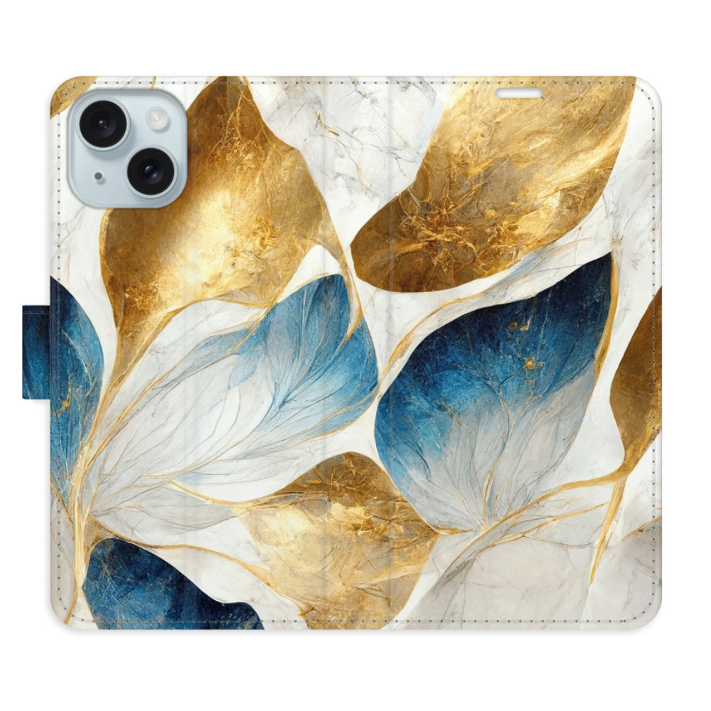 Knížkové flip pouzdro iSaprio s kapsičkami na karty - GoldBlue Leaves - Apple iPhone 15 (Flip knížkové pouzdro, kryt, obal iSaprio s kapsičkami na karty a motivem GoldBlue Leaves na mobil Apple iPhone 15)