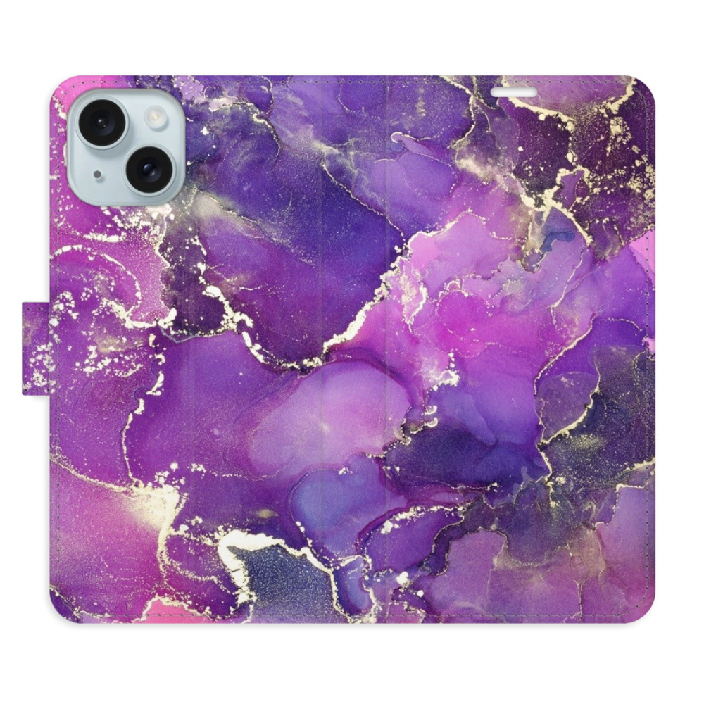 Knížkové flip pouzdro iSaprio s kapsičkami na karty - Purple Marble - Apple iPhone 15 (Flip knížkové pouzdro, kryt, obal iSaprio s kapsičkami na karty a motivem Purple Marble na mobil Apple iPhone 15)
