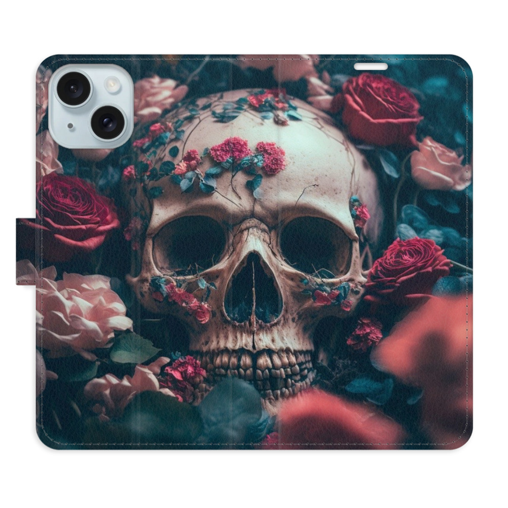 Knížkové flip pouzdro iSaprio s kapsičkami na karty - Skull in Roses 02 - Apple iPhone 15 (Flip knížkové pouzdro, kryt, obal iSaprio s kapsičkami na karty a motivem Skull in Roses 02 na mobil Apple iPhone 15)