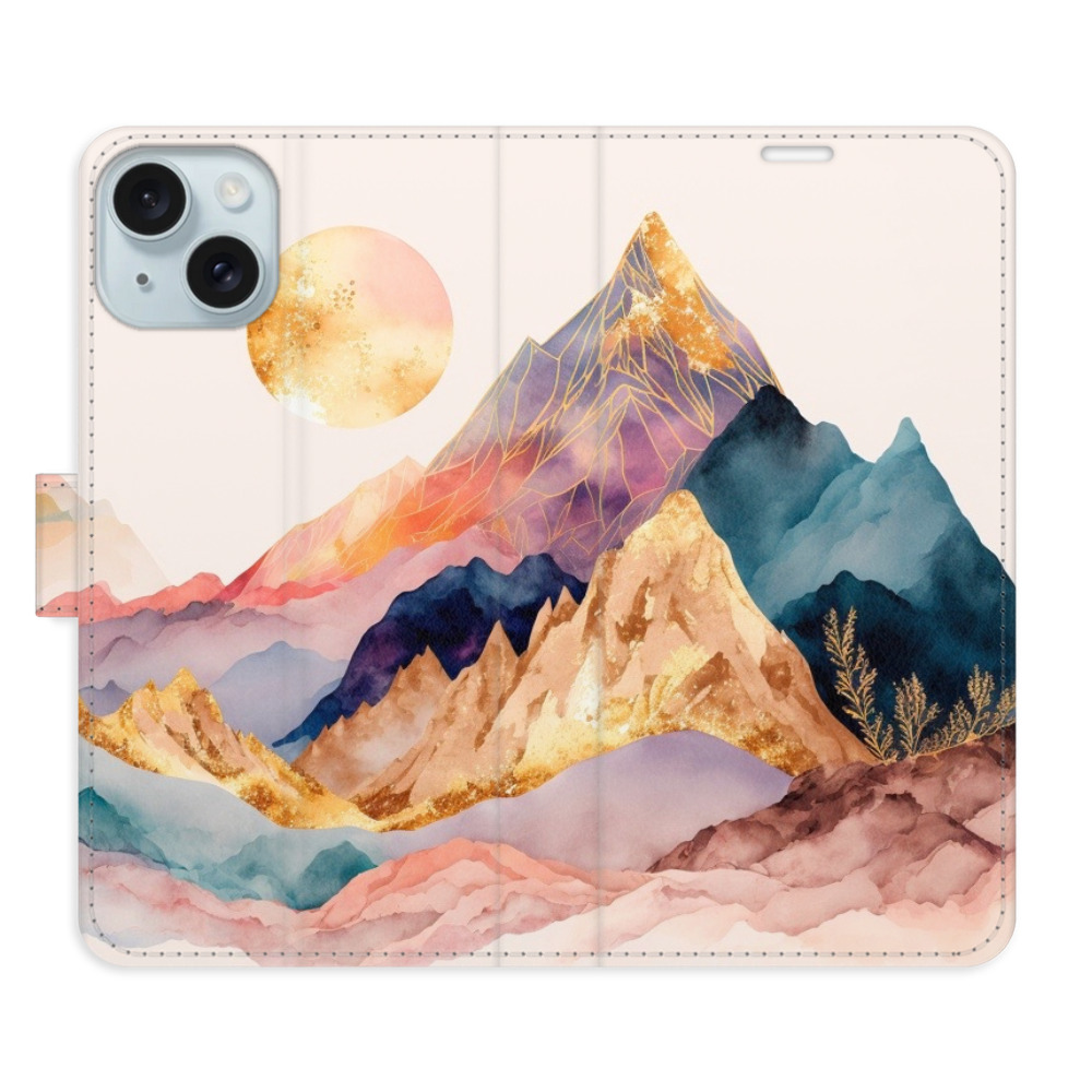 Knížkové flip pouzdro iSaprio s kapsičkami na karty - Beautiful Mountains - Apple iPhone 15 Plus (Flip knížkové pouzdro, kryt, obal iSaprio s kapsičkami na karty a motivem Beautiful Mountains na mobil Apple iPhone 15 Plus)