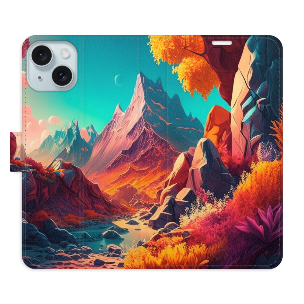 Knížkové flip pouzdro iSaprio s kapsičkami na karty - Colorful Mountains - Apple iPhone 15 Plus (Flip knížkové pouzdro, kryt, obal iSaprio s kapsičkami na karty a motivem Colorful Mountains na mobil Apple iPhone 15 Plus)