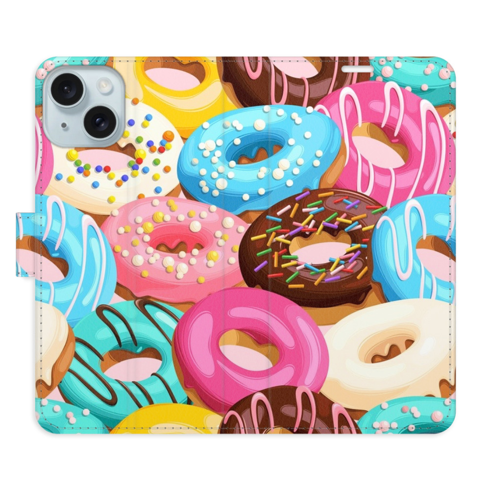 Knížkové flip pouzdro iSaprio s kapsičkami na karty - Donuts Pattern 02 - Apple iPhone 15 Plus (Flip knížkové pouzdro, kryt, obal iSaprio s kapsičkami na karty a motivem Donuts Pattern 02 na mobil Apple iPhone 15 Plus)