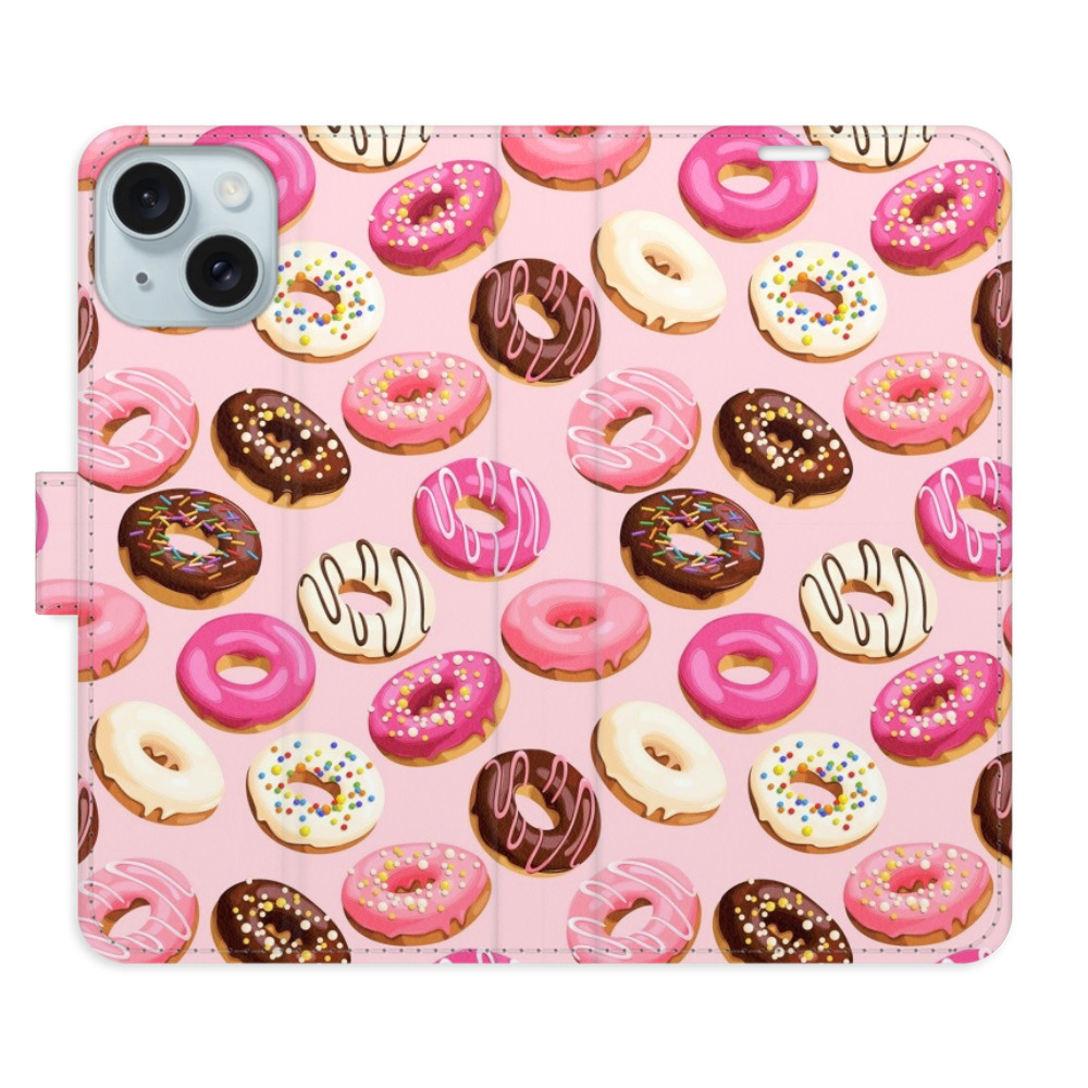 Knížkové flip pouzdro iSaprio s kapsičkami na karty - Donuts Pattern 03 - Apple iPhone 15 Plus (Flip knížkové pouzdro, kryt, obal iSaprio s kapsičkami na karty a motivem Donuts Pattern 03 na mobil Apple iPhone 15 Plus)