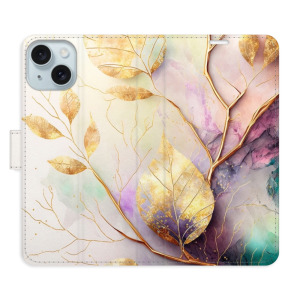 Flip pouzdro iSaprio - Apple iPhone 15 Plus - Gold Leaves 02 - kapsičky na karty