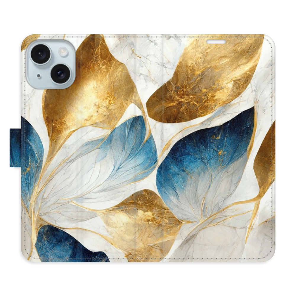 Knížkové flip pouzdro iSaprio s kapsičkami na karty - GoldBlue Leaves - Apple iPhone 15 Plus (Flip knížkové pouzdro, kryt, obal iSaprio s kapsičkami na karty a motivem GoldBlue Leaves na mobil Apple iPhone 15 Plus)