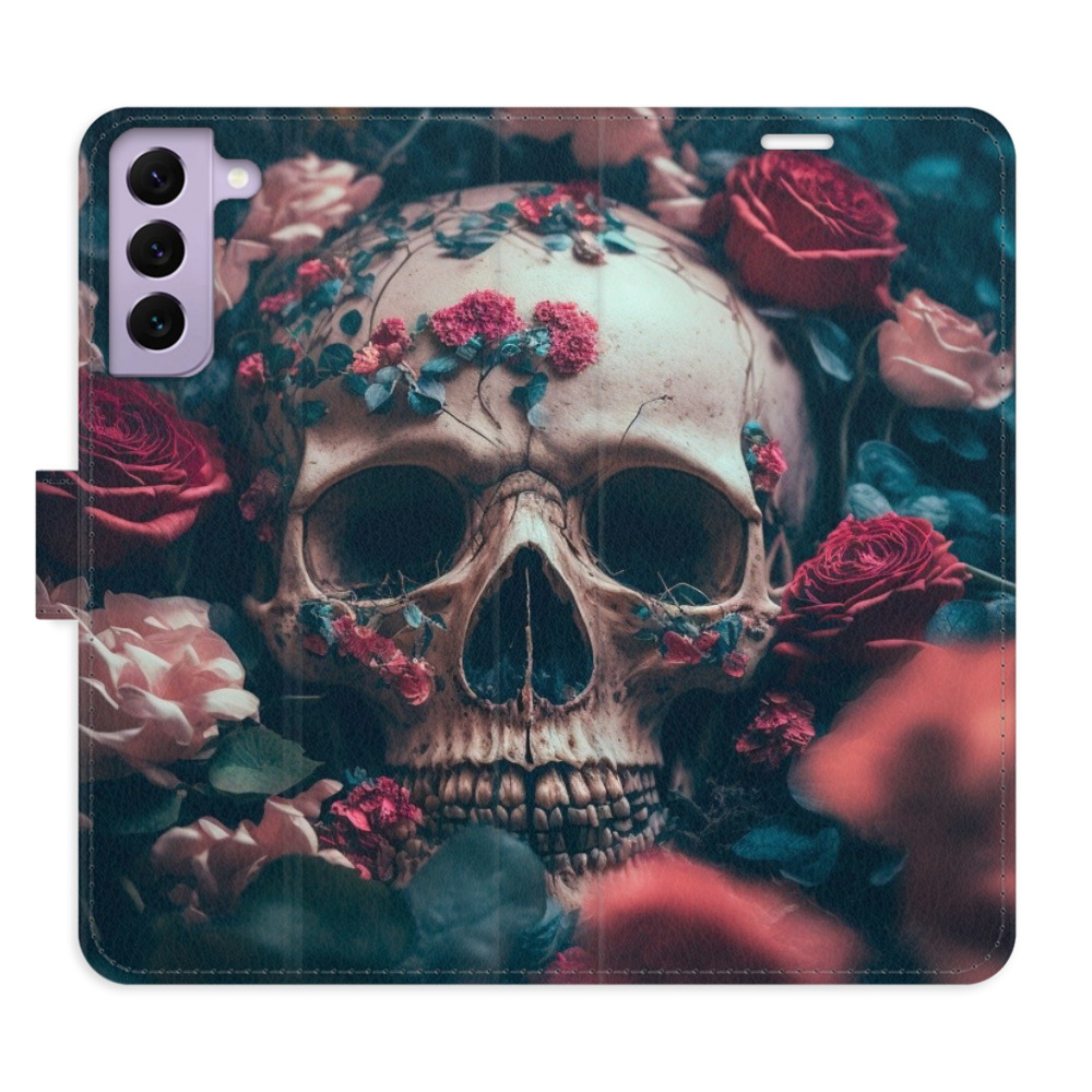 Knížkové flip pouzdro iSaprio s kapsičkami na karty - Skull in Roses 02 - Samsung Galaxy S22 5G (Flip knížkové pouzdro, kryt, obal iSaprio s kapsičkami na karty a motivem Skull in Roses 02 na mobil Samsung Galaxy S22 5G)
