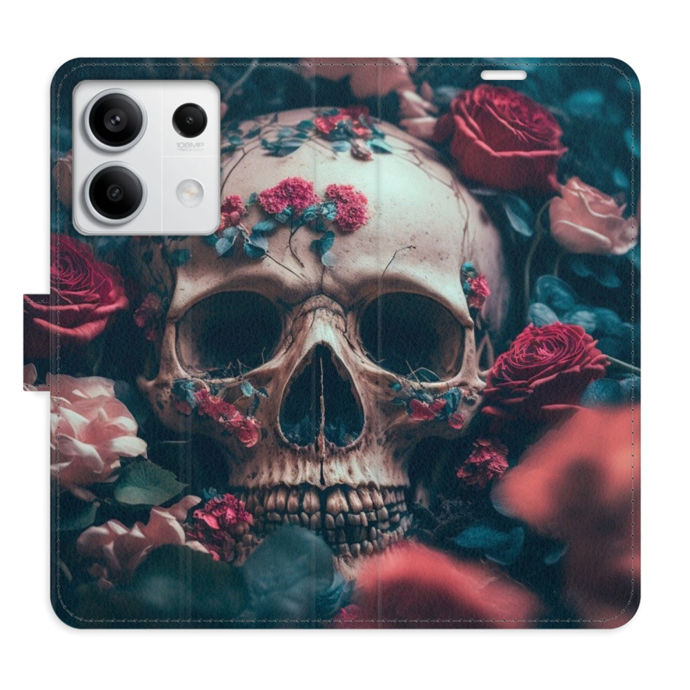 Flip pouzdro iSaprio - Skull in Roses 02 - Xiaomi Redmi Note 13 5G s kapsičkami na karty (Flip knížkové pouzdro, kryt, obal iSaprio s přihrádkami na karty a motivem Skull in Roses 02 pro mobil Xiaomi Redmi Note 13 5G)