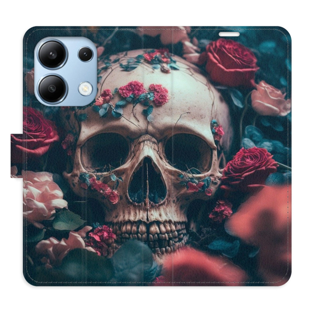 Flip pouzdro iSaprio - Skull in Roses 02 - Xiaomi Redmi Note 13 4G s kapsičkami na karty (Flip knížkové pouzdro, kryt, obal iSaprio s přihrádkami na karty a motivem Skull in Roses 02 pro mobil Xiaomi Redmi Note 13 4G)