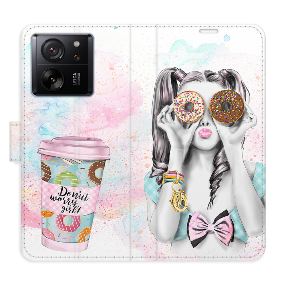 Flip pouzdro iSaprio - Donut Worry Girl - Xiaomi 13T / 13T Pro s kapsičkami na karty (Flip knížkové pouzdro, kryt, obal iSaprio s přihrádkami na karty a motivem Donut Worry Girl pro mobil Xiaomi 13T / 13T Pro)