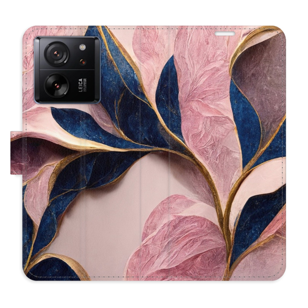 Flip pouzdro iSaprio - Pink Leaves - Xiaomi 13T / 13T Pro s kapsičkami na karty (Flip knížkové pouzdro, kryt, obal iSaprio s přihrádkami na karty a motivem Pink Leaves pro mobil Xiaomi 13T / 13T Pro)
