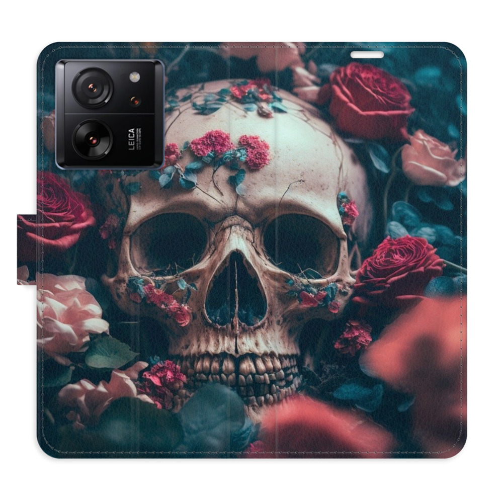 Flip pouzdro iSaprio - Skull in Roses 02 - Xiaomi 13T / 13T Pro s kapsičkami na karty (Flip knížkové pouzdro, kryt, obal iSaprio s přihrádkami na karty a motivem Skull in Roses 02 pro mobil Xiaomi 13T / 13T Pro)