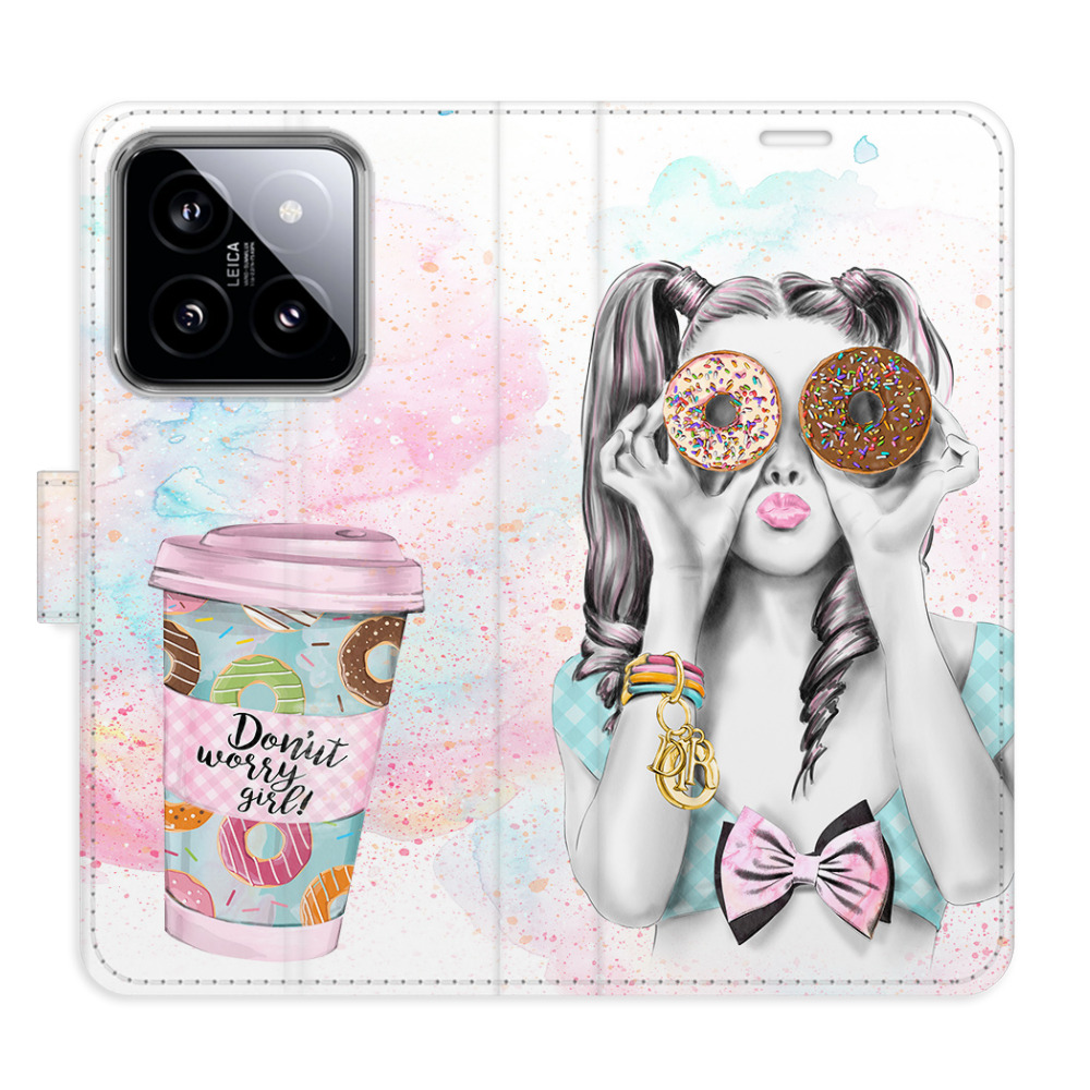Flip pouzdro iSaprio - Donut Worry Girl - Xiaomi 14 s kapsičkami na karty (Flip knížkové pouzdro, kryt, obal iSaprio s přihrádkami na karty a motivem Donut Worry Girl pro mobil Xiaomi 14)