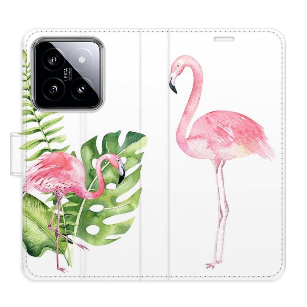 Flip pouzdro iSaprio - Flamingos - Xiaomi 14 s kapsičkami na karty (Flip knížkové pouzdro, kryt, obal iSaprio s přihrádkami na karty a motivem Flamingos pro mobil Xiaomi 14)