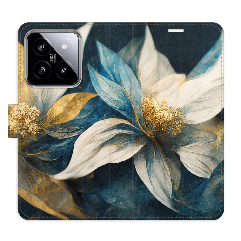 Flip pouzdro iSaprio - Gold Flowers - Xiaomi 14 s kapsičkami na karty (Flip knížkové pouzdro, kryt, obal iSaprio s přihrádkami na karty a motivem Gold Flowers pro mobil Xiaomi 14)