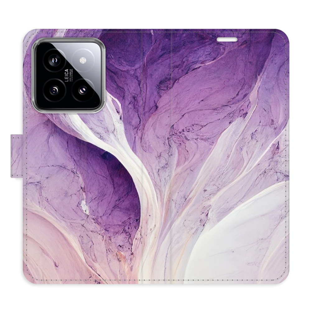 Flip pouzdro iSaprio - Purple Paint - Xiaomi 14 s kapsičkami na karty (Flip knížkové pouzdro, kryt, obal iSaprio s přihrádkami na karty a motivem Purple Paint pro mobil Xiaomi 14)