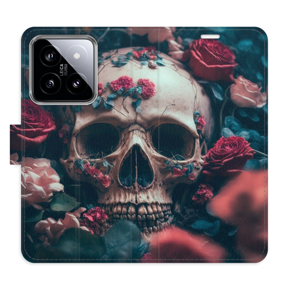 Flip pouzdro iSaprio - Skull in Roses 02 - Xiaomi 14 s kapsičkami na karty (Flip knížkové pouzdro, kryt, obal iSaprio s přihrádkami na karty a motivem Skull in Roses 02 pro mobil Xiaomi 14)