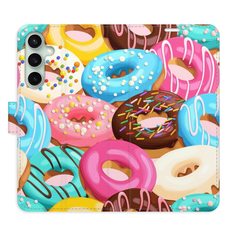 Flip pouzdro iSaprio - Donuts Pattern 02 - Samsung Galaxy S23 FE s kapsičkami na karty (Flip knížkové pouzdro, kryt, obal iSaprio s přihrádkami na karty a motivem Donuts Pattern 02 pro mobil Samsung Galaxy S23 FE)
