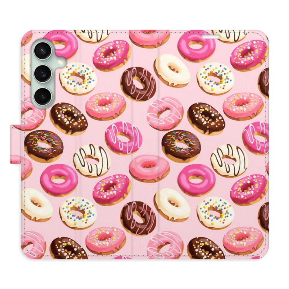 Flip pouzdro iSaprio - Donuts Pattern 03 - Samsung Galaxy S23 FE s kapsičkami na karty (Flip knížkové pouzdro, kryt, obal iSaprio s přihrádkami na karty a motivem Donuts Pattern 03 pro mobil Samsung Galaxy S23 FE)