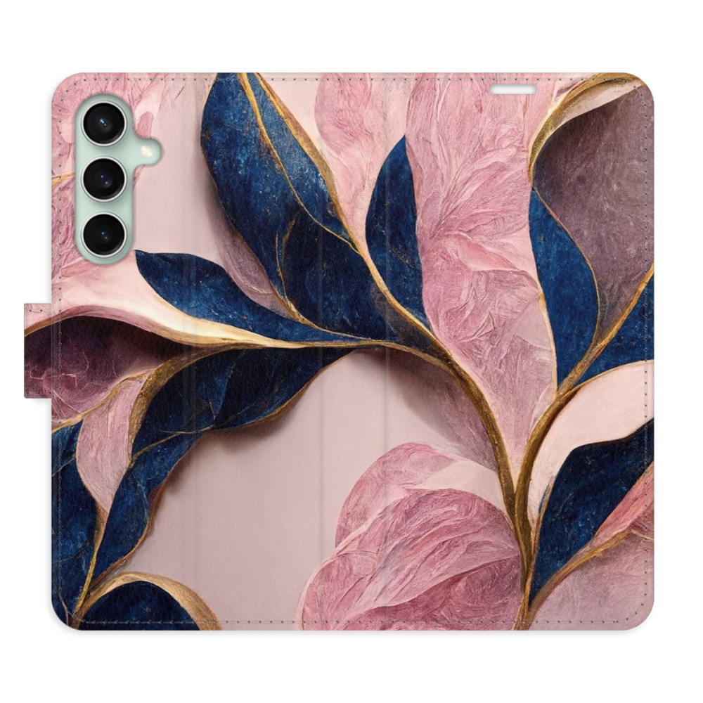 Flip pouzdro iSaprio - Pink Leaves - Samsung Galaxy S23 FE s kapsičkami na karty (Flip knížkové pouzdro, kryt, obal iSaprio s přihrádkami na karty a motivem Pink Leaves pro mobil Samsung Galaxy S23 FE)