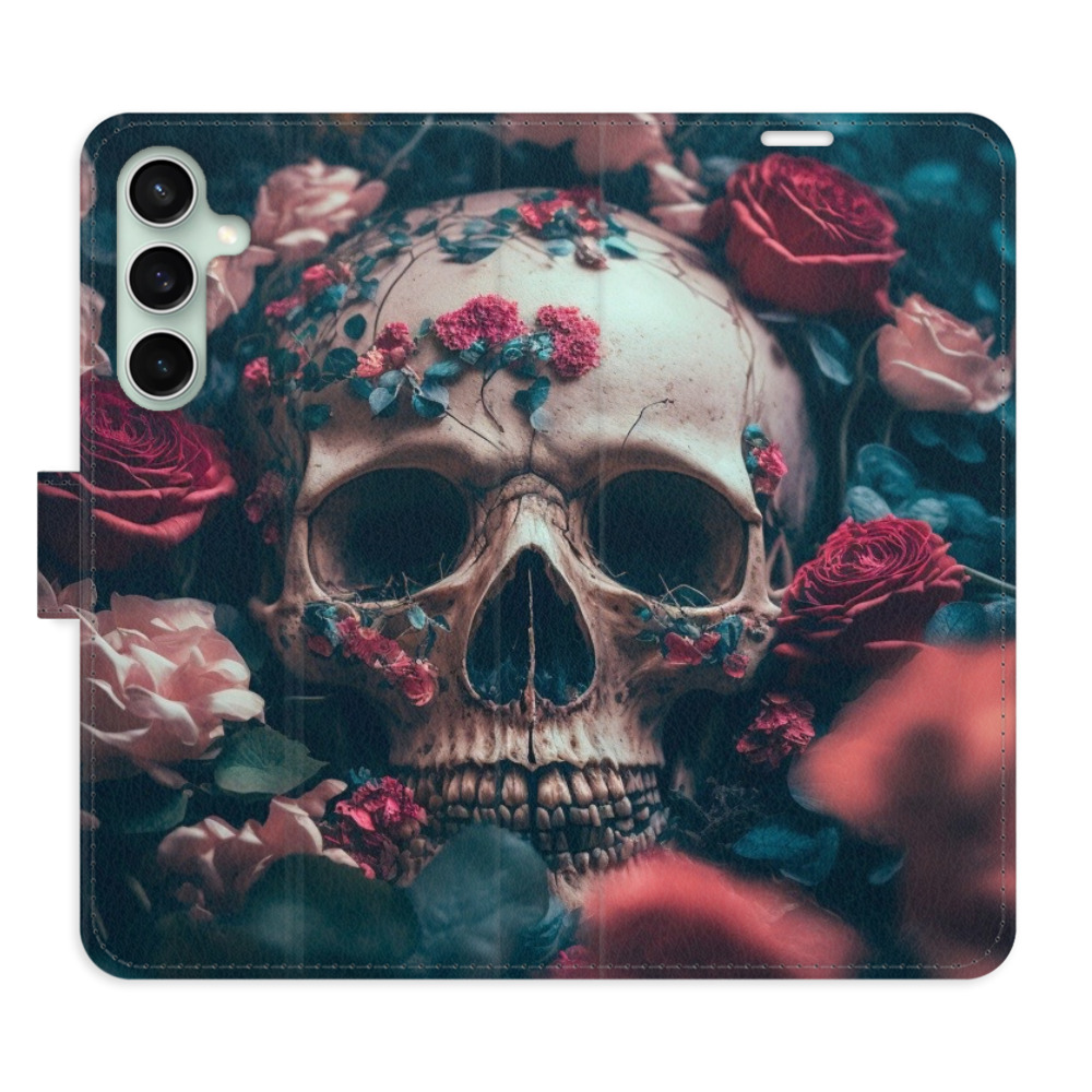 Flip pouzdro iSaprio - Skull in Roses 02 - Samsung Galaxy S23 FE s kapsičkami na karty (Flip knížkové pouzdro, kryt, obal iSaprio s přihrádkami na karty a motivem Skull in Roses 02 pro mobil Samsung Galaxy S23 FE)
