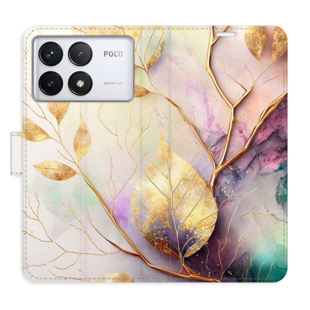 Flip pouzdro iSaprio - Xiaomi Poco F6 Pro - Gold Leaves 02 - kapsičky na karty