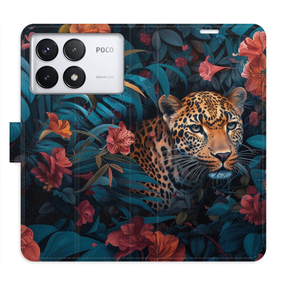 Flip pouzdro iSaprio - Xiaomi Poco F6 Pro - Flower Jaguar 02 - kapsičky na karty